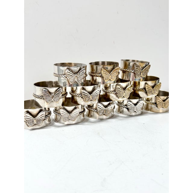 Modern Vintage Butterfly Napkin Rings – Silver Sculptural Spring Garden Party Tabletop Decor - Set of 12 For Sale - Image 3 of 12