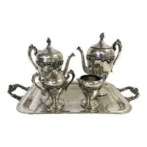 Vintage Five Piece Tea Service With Grapevine Details, Silverplate on Copper