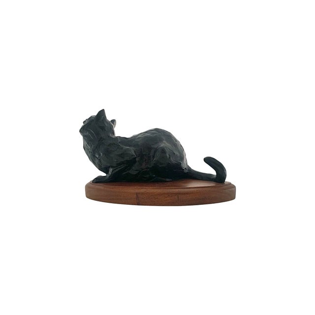 Cat Sculpture Bronze on Wood Base Feline Statue Signed and Numbered Vintage Gift For Sale - Image 4 of 11