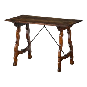 Spanish Console or Trestle Table of Patinated Walnut With Metal Strap Supports