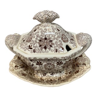 Bows and Bells Transferware Lidded Sauce Tureen and Underplate For Sale