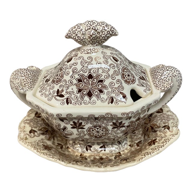 Bows and Bells Transferware Lidded Sauce Tureen and Underplate For Sale