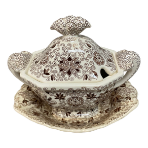 Bows and Bells Transferware Lidded Sauce Tureen and Underplate