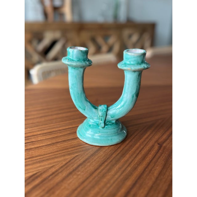 Italian 1940s C.A.S.Vietri Double Candle Holder in Turquoise Glaze-Italy For Sale - Image 3 of 6