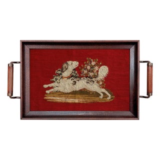 Hunting Spaniel Needlepoint Wood and Glass Tray For Sale
