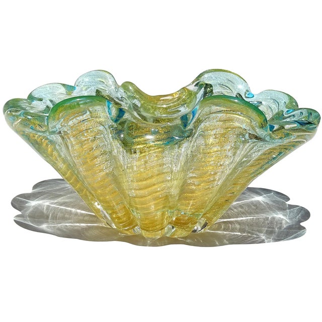 Beautiful vintage Murano hand blown aqua and gold flecks Italian art glass ribbed and scalloped rim bowl. Attributed to...