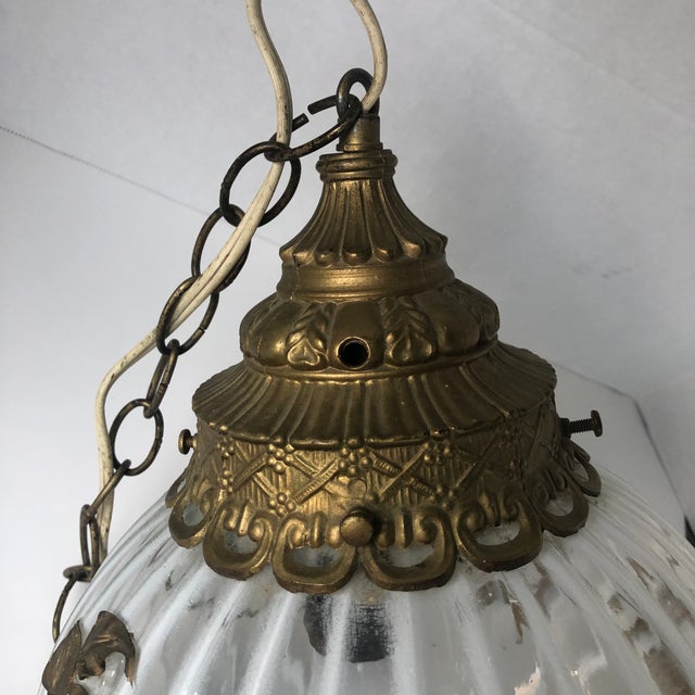 Mid 20th Century Mid 20th Century Hollywood Regency Round Opaque and Clear Swag Lamp Brass Flowers For Sale - Image 5 of 13