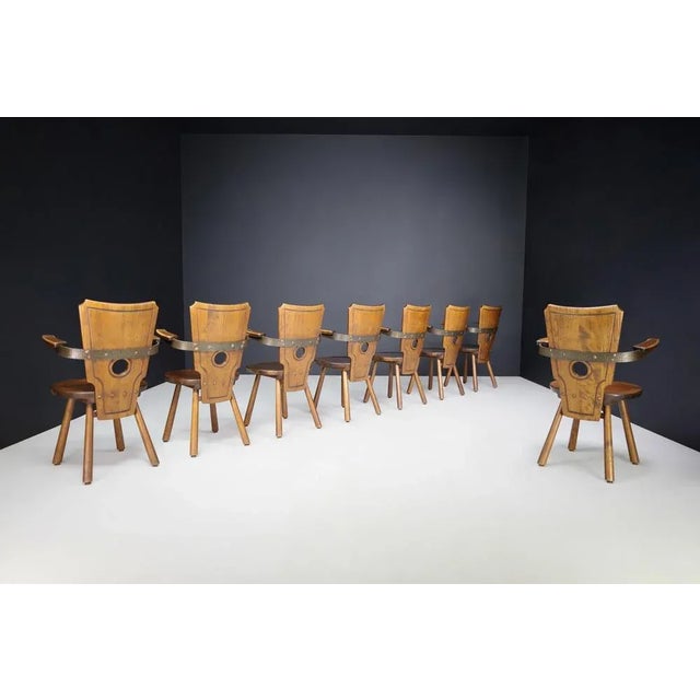 French Modernist Dining Chairs in Stained Oak and Brass, 1960s, Set of 8 For Sale - Image 4 of 13