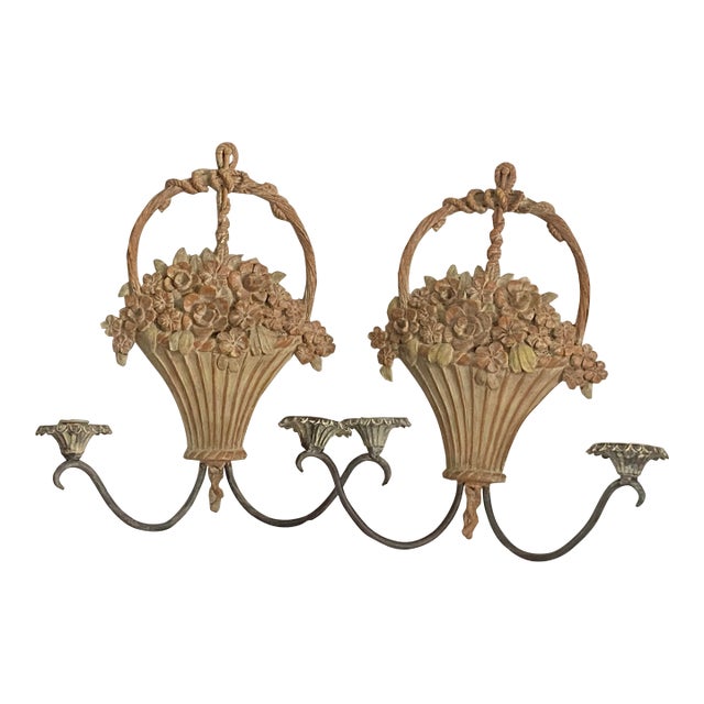 Flower Basket Candle Sconces Metal and Plaster Composite - A Pair For Sale