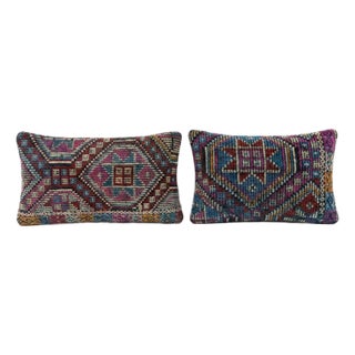 Turkish Kilim Lumbar Pillow Cover 14'' X 20'' & 12'' X 24'' - Set of Two For Sale