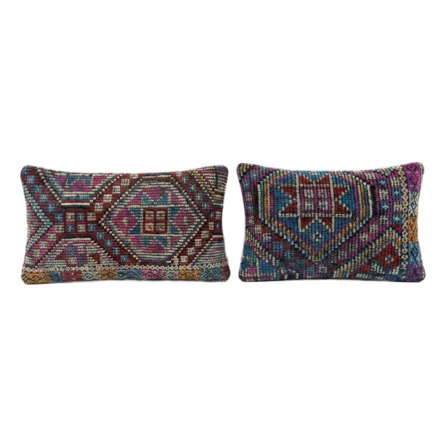 Turkish Kilim Lumbar Pillow Cover 14'' X 20'' & 12'' X 24'' - Set of Two For Sale