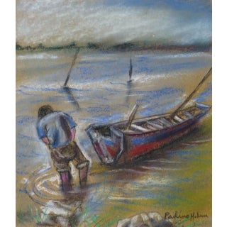 Paulino Medina, Marine Oil Pastel - Wading in the Bay For Sale
