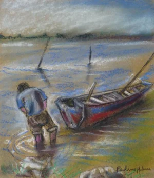 Paulino Medina, Marine Oil Pastel - Wading in the Bay