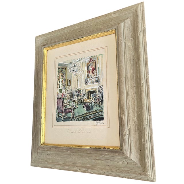 Titled French Room and signed “REG 35” at the lower right, this charming 1935 painting captures a richly furnished...