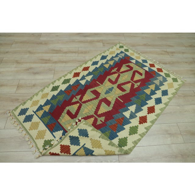 Textile 1970s Boho Style Turkish Vintage Hand Knotted Geometric Design Oushak Kilim Rug For Sale - Image 7 of 10