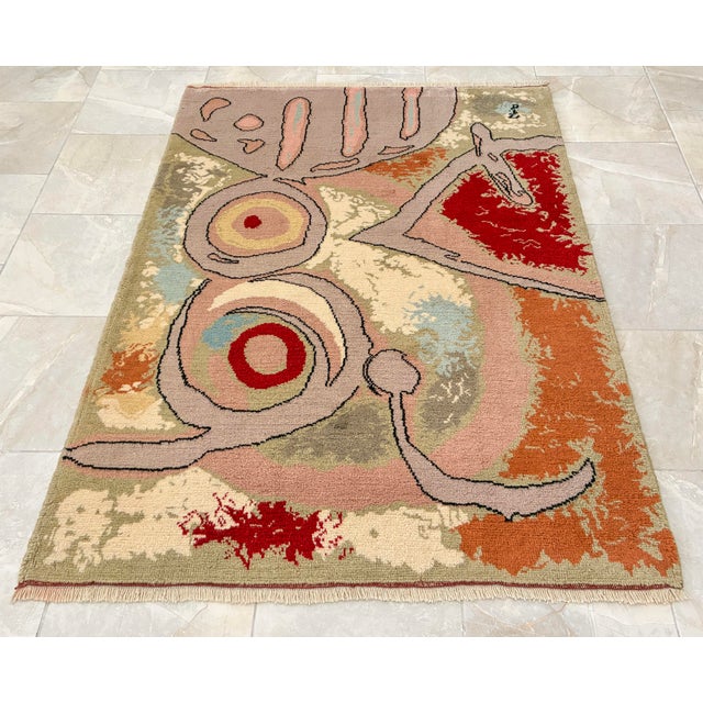 Green Vintage French Gobelin Mid-Century Joan Miro Art “Woman and Birds” Area Rug 3′7″ X 5′8″ For Sale - Image 8 of 18