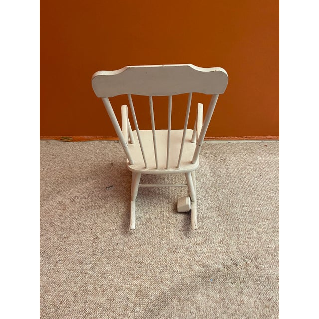 1970s Vintage White Wooden Children’s Nursery Rocking Chair With Black Etching and Music For Sale - Image 9 of 11