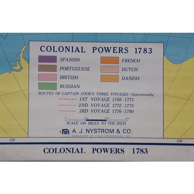Antique Colonial Powers 1783 Historic World Wall Map a J Nystrom Pull Down 50" For Sale - Image 6 of 17