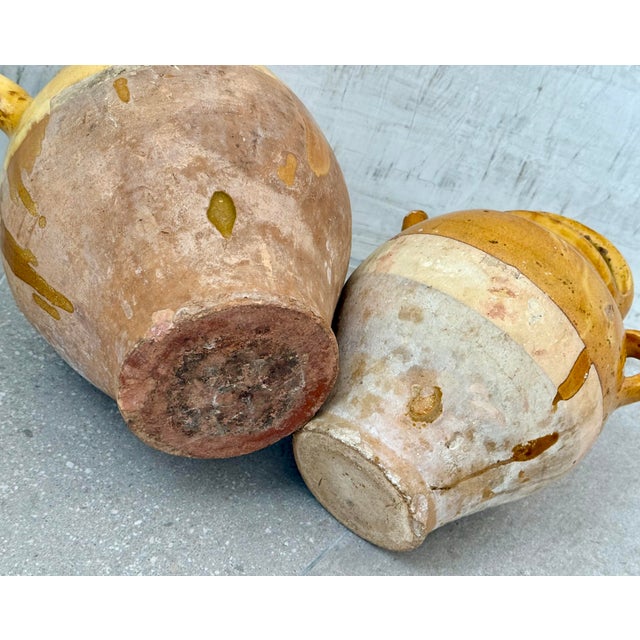 Yellow French 19th Century Antique Glazed Yellow Confit, Cruche Pot, Gargolette With Top Handle and Spout- A Pair For Sale - Image 8 of 12