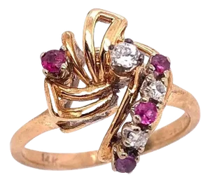 14 Karat Yellow Gold Ruby and Diamond Freeform Contemporary Ring