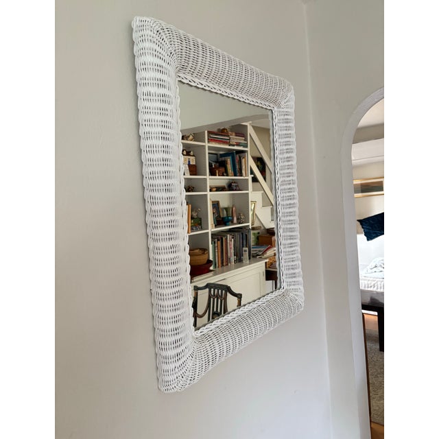 Contemporary Vintage White Rectangle Wicker Frame Mirror For Sale - Image 3 of 11