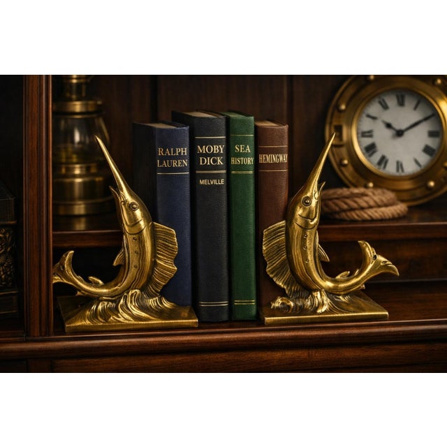 Traditional Pair of Vintage Swordfish / Marlin / Sailfish Bookends – Brass Finish - Heavy - Palm Beach Regency, Grandmillennial, Coastal, Ralph Lauren - See Pics! For Sale - Image 3 of 11