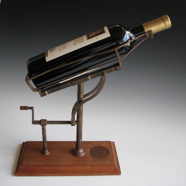 Antique Bronze Wine Bottle Cradle Mechanical Pourer With Wooden Base