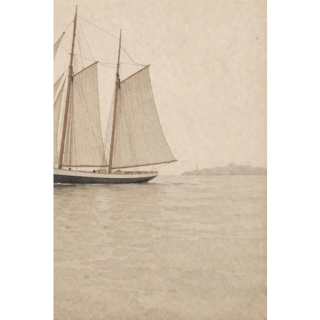 Dove Gray Minimal Coastal Seascape Study, Classic Sailboat Art Print, 24" × 36" For Sale - Image 8 of 9
