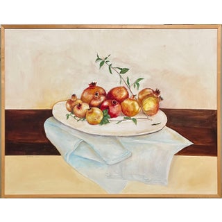 Hedva Yardeni, Israeli Folk Art Oil Painting Pomegranates Naive Style Still Life Hedva Yardeni For Sale