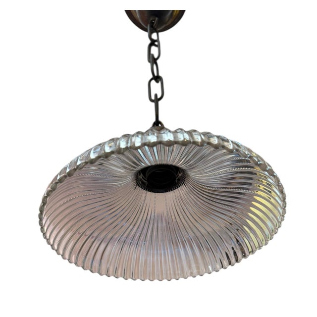 Mid-Century Modern Rare Pair of Beaded and Ribbed Halophane Hanging Pendant Ceiling Lights Circa 1920’s For Sale - Image 3 of 6