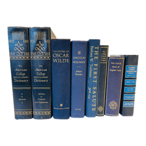 Decorative Blue Book Set, Curated Navy and Gold Literary Collection - Vintage American Dictionary & Oxford Books - Set of 8