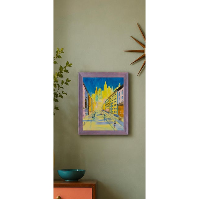 A vibrant, whimsical cityscape rendered in a lively, expressive palette of brilliant blue, sunny yellow, soft pink, and...
