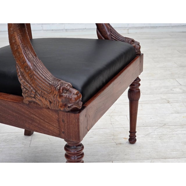 1920s Armchairs in Carved Teak and Leather after Georges Jacob, 1920s-1930s, Set of 2 For Sale - Image 5 of 18