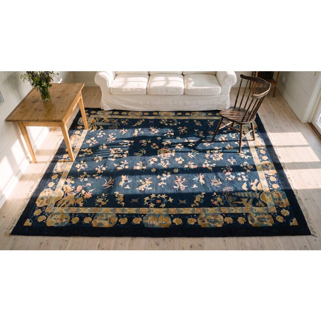 1920s Navy Blue Floral Shou Antique Chinese Art Deco Rug 8' 2''x 9' 10'' Knotted Wool Carpet For Sale - Image 15 of 15