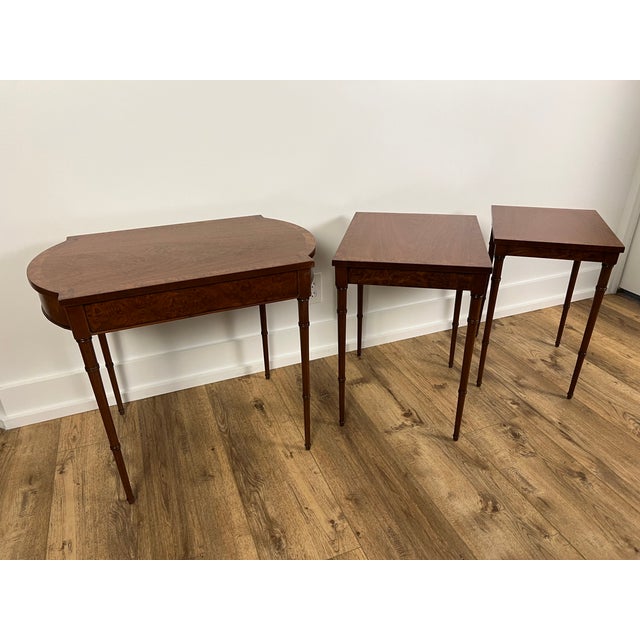 Baker Furniture Mahogany and Burl Maple Nesting Tables Set of 3