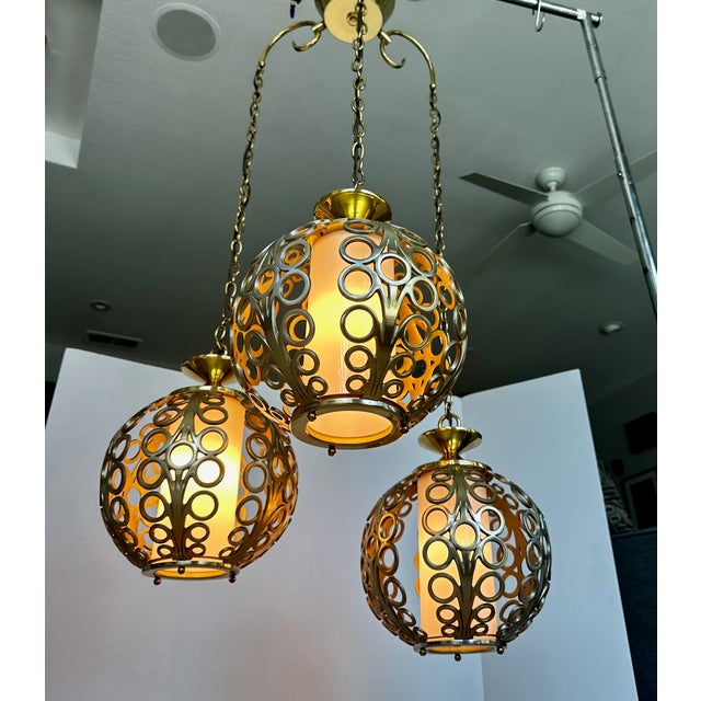 Trio (3) Mid-Century Hollywood Regency Pierced Brass Cluster Pendant Chandelier $4,500 For Sale - Image 12 of 18