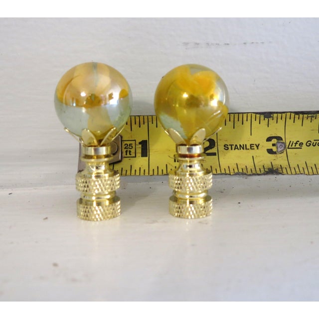 Glass Blown Murano Glass Table Lamp Finials. Cat's Eye Gold, Clear, Swirl Brass Bases, a Pair For Sale - Image 7 of 7