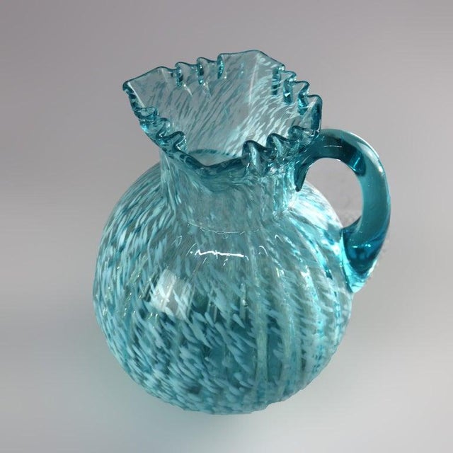 Aqua & Opalescent Splatterware Art Glass Juice Pitcher with Ruffled Rim 20thC Measures- 8.25"H x 7.25"W x 6.5"D