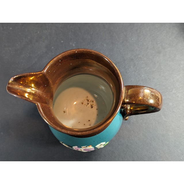 1850's English Copper Luster Ware Pitcher With Hand Painted Motif on Teal Colored Band For Sale - Image 9 of 10