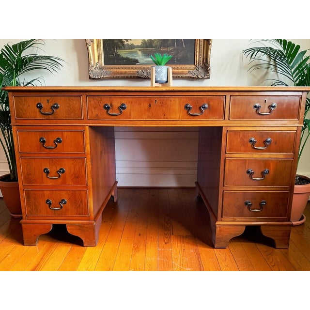 Vintage Twin Pedestal Desk in Yew Wood and Leather Top, 1980 For Sale - Image 3 of 18