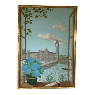 1950s Trompe l'Oeil Window Scene of London Acrylic Painting by Denys Fitz-Patrick, Framed For Sale