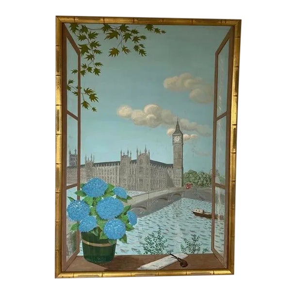 1950s Trompe l'Oeil Window Scene of London Acrylic Painting by Denys Fitz-Patrick, Framed For Sale