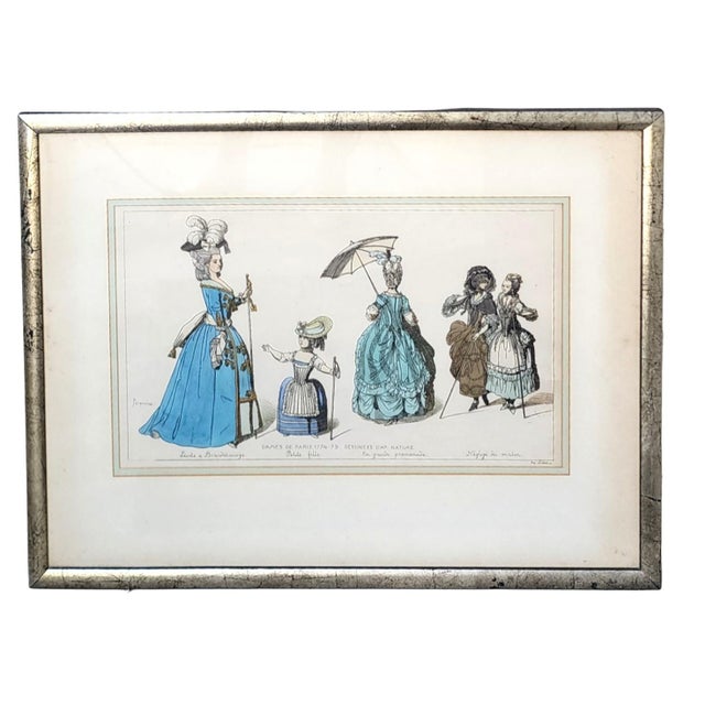Illustration Framed “Dames De Paris” Lithograph – Mid-Century Reproduction of 18th-Century Fashion Illustration 23.5″ W × 18″ H × 0.5″ D For Sale - Image 3 of 5