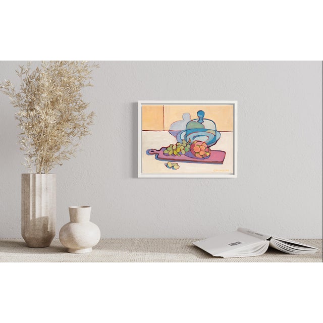 "Dragon Fruit and Grapes" is a contemporary still life painting inspired by tropical colors and the cactus- like origin of...