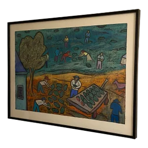 Vintage Large Framed Pastel "Watermelon Picker" by George Colin Folk and Outsider Art