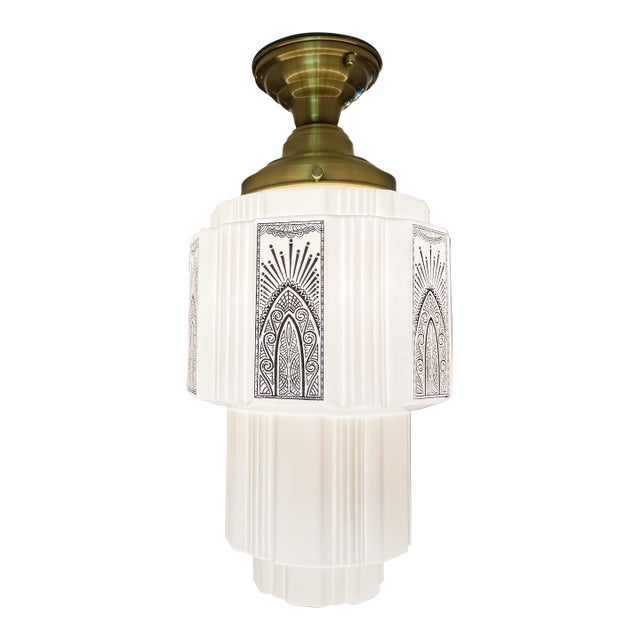 Rare 1930s Art Deco Skyscraper Milk Glass Pendant Light For Sale