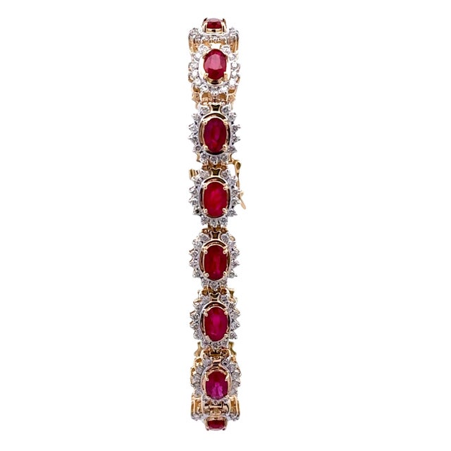 Contemporary Ruby Diamond Halo 14k Yellow Gold Bracelet For Sale - Image 3 of 5