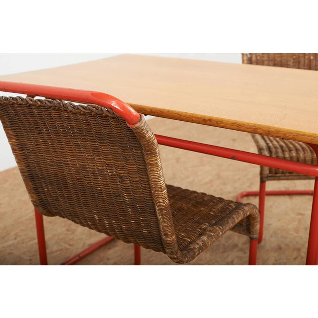 Table with Chairs in Red Lacquered Tubular Steel by S. Meier for Rohrmöbelfabrik, 1920s, Set of 3 For Sale - Image 11 of 17