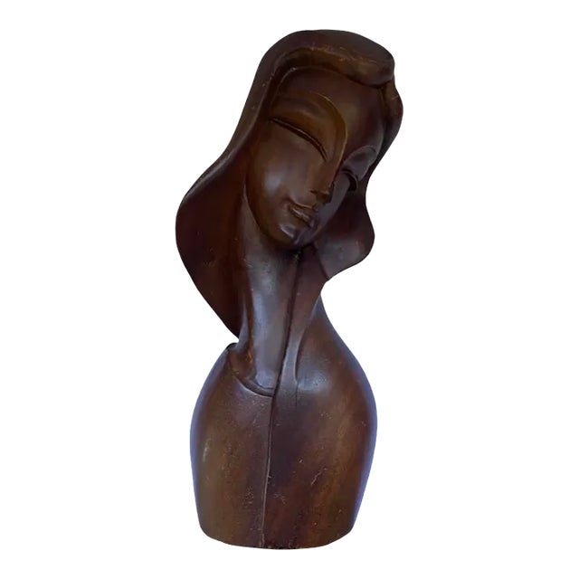 Mid 20th Century Art Deco Style Carved Wood Bust of a Lady For Sale