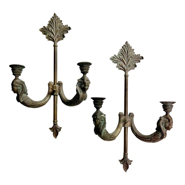 Pair of Mid 20th Century Neoclassical Egyptian Revival Heavy Wall Sconces For Sale